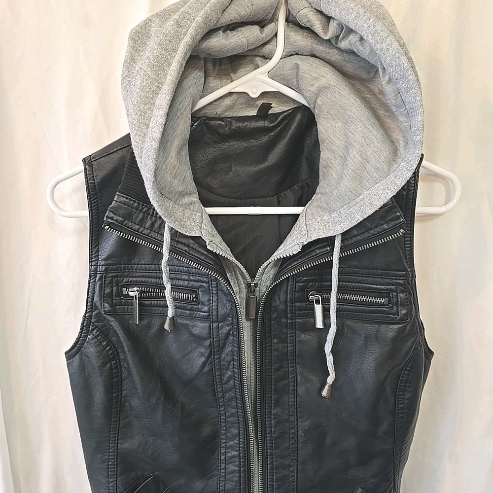 Vanity Hooded Leather Look Double Zip‎ Vest Black/gray Juniors/teens M Y2K 90s - Picture 2 of 14